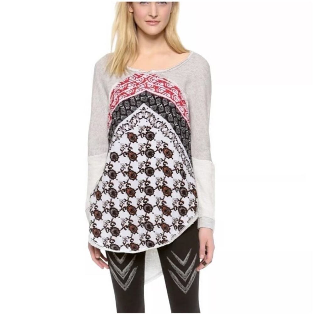 Free People Del Rey Bandana Mixed Media Oversized Scoop Neck Top XS Boho Casual